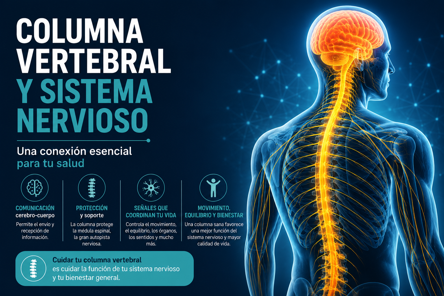 Representación de la columna vertebral y el sistema nervioso mostrando la conexión entre el cerebro y el resto del cuerpo.