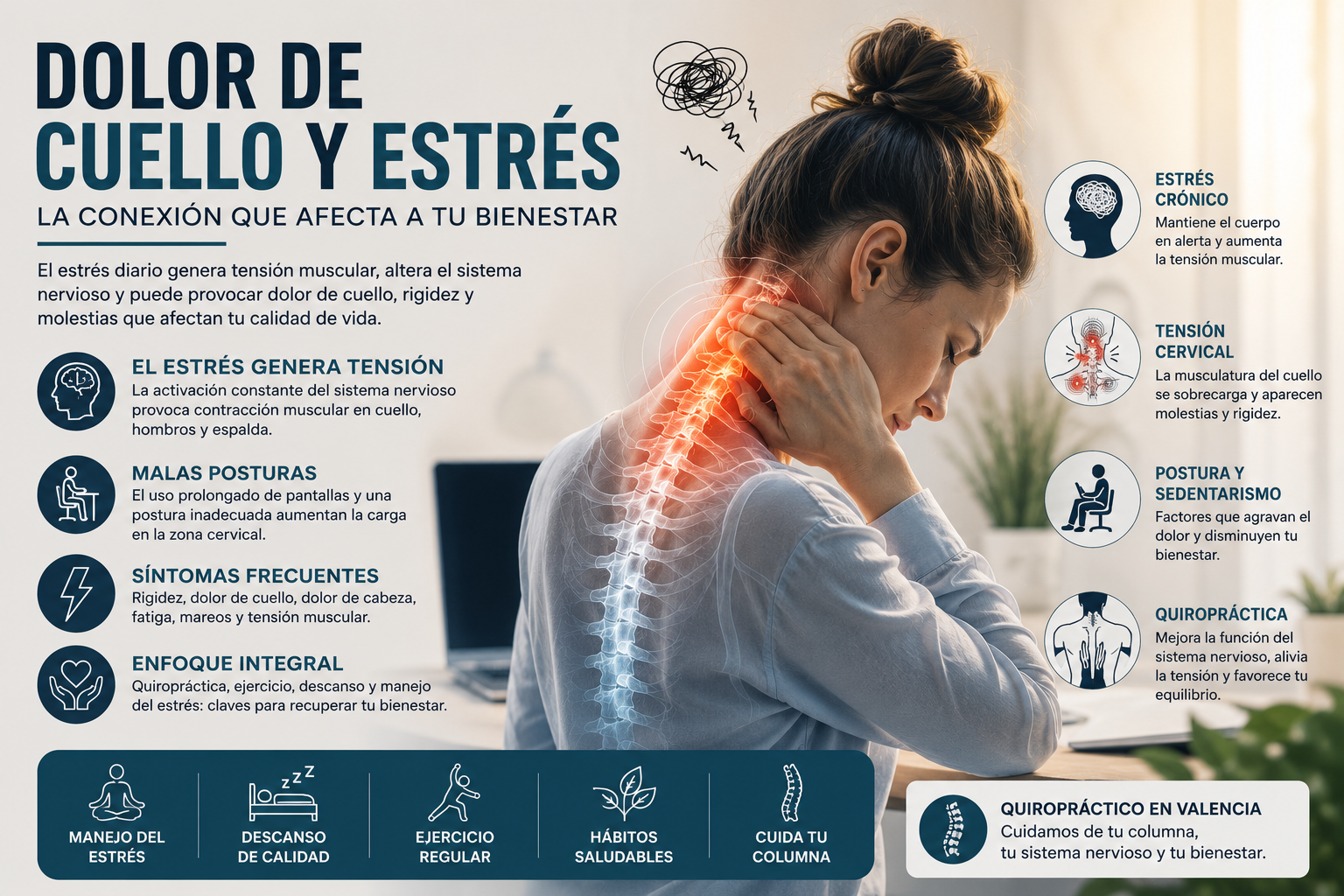 persona con dolor de cuello causado por el estrés y tensión muscular