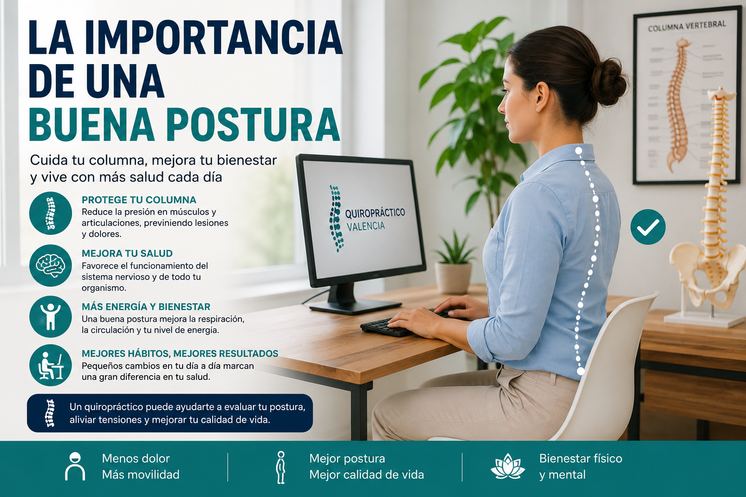 Persona con buena postura para cuidar la columna vertebral y el sistema nervioso.