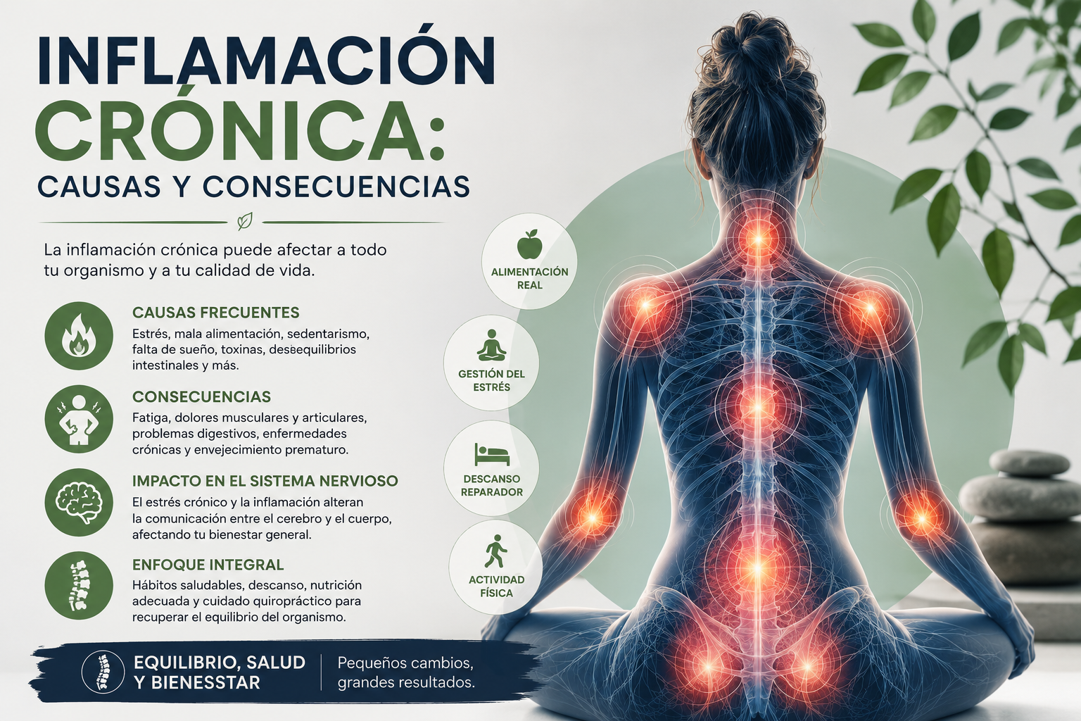 representación de la inflamación crónica en el cuerpo humano con énfasis en el sistema nervioso y el bienestar