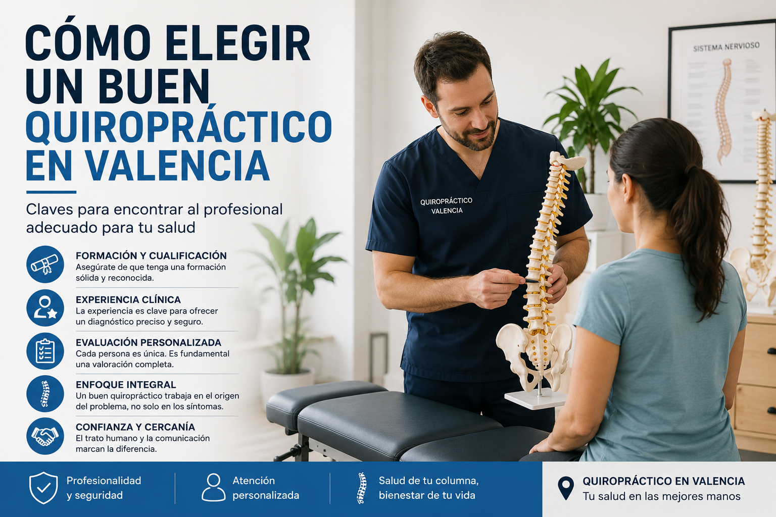 consulta de un quiropráctico en Valencia con material clínico y columna vertebral